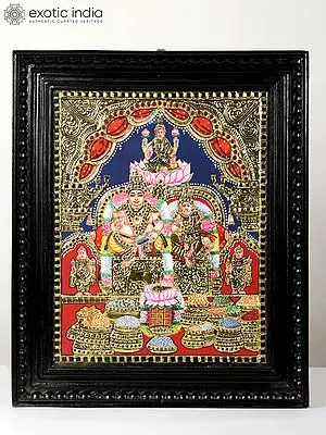 Kubera and Lakshmi Tanjore Painting | Traditional Colors with 24K Gold | Teakwood Frame | Handmade