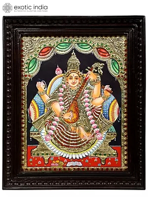 Goddess Saraswati Tanjore Painting | Traditional Colors with 24K Gold | Teakwood Frame | Handmade