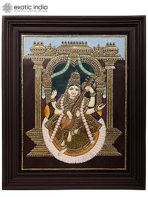 Large Goddess Saraswati Tanjore Painting | Traditional Colors With 24K Gold | Teakwood Frame | Handmade