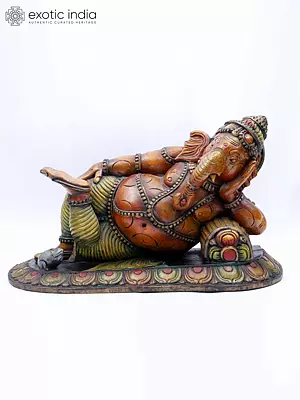 Wooden Lord Ganesha Statue in Peaceful Slumber (20")
