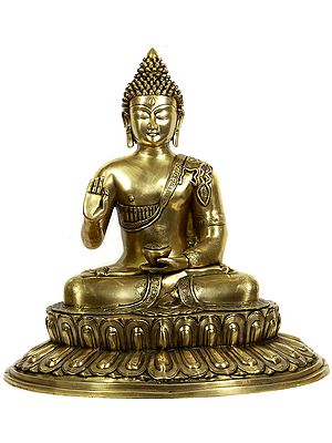 22" Preaching Buddha Seated on Wide Double Lotus Pedestal In Brass | Handmade | Made In India
