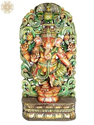Dancing Ganesha with Aureole of Green Foliage and Peacocks