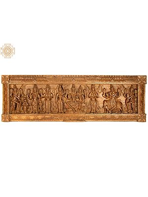 Wooden Panel of Brahmanical Deities (From the Left Doorkeeper, Mermaid, Vishnu, Garuda, Attendant, Vishnu Lakshmi, Brahma, Shri Krishna and Doorkeeper)