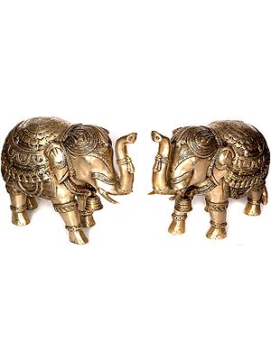 Temple Elephant Pair with Bells and Upraised Trunks (Supremely Auspicious According to Vastu)