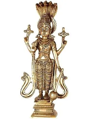 12" Four-Armed Standing Vishnu with Five-Hooded Shesha Atop In Brass | Handmade | Made In India