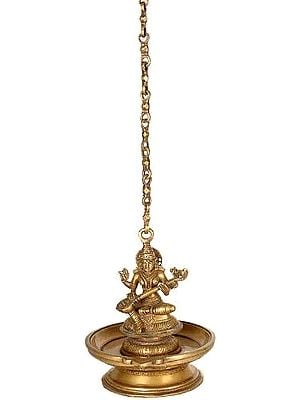27" Brass Lamp of Wisdom (Goddess Saraswati Hanging Lamp) | Handmade | Made in India