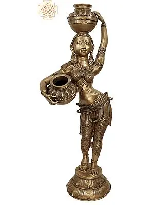 44" Large Size Lady Carrying Milk Pots In Brass | Handmade | Made In India