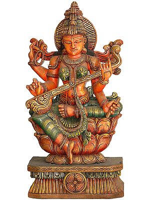 Goddess Saraswati Seated on a High Lotus Pedestal