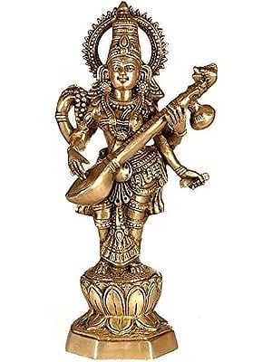13" Standing Saraswati Brass Sculpture Playing Veena
