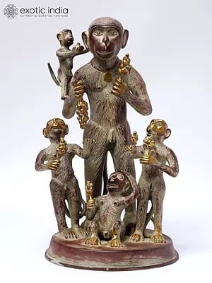 12" Monkey Family Brass Sculpture | Indian Handcrafted Idol