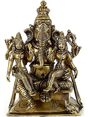7" Shri Ganesha with Buddhi and Siddhi In Brass | Handmade | Made In India