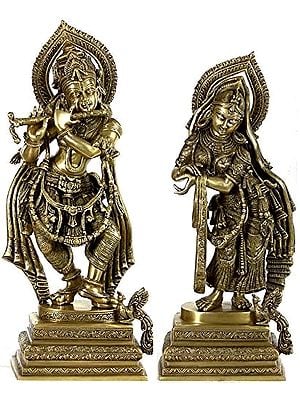 24" Fluting Krishna with His Beloved Radha In Brass | Handmade | Made In India