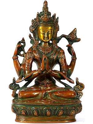 8" Tibetan Buddhist Deity Chenrezig (Shadakshari Avalokiteshvara) In Brass | Handmade | Made In India