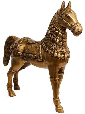 12" Royal Horse with Carved Saddle in Brass | Handmade | Made in India