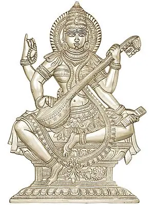 14" Goddess Saraswati (Wall Hanging Flat Statue) In Brass | Handmade | Made In India