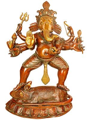 27" Ashtabhuja-dhari Yuddha Ganesha (Ganesha the Spiritual Warrior) In Brass | Handmade | Made In India