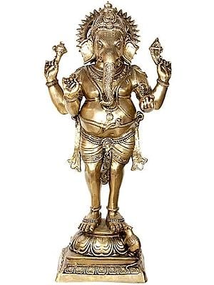 50" Four Armed Standing Ganesha with Short Dhoti (Large Size) In Brass | Handmade | Made In India