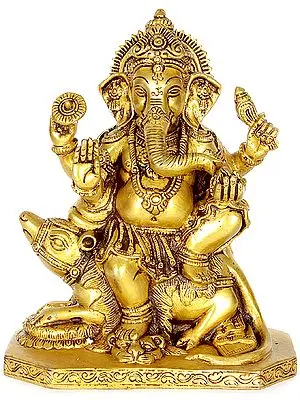 Lord Ganesha Seated on Rat with Chakra, Noose and Modak