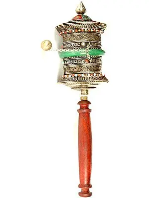 Om Mani Padme Hum Prayer Wheel with Gemstone and Fine Filigree Work