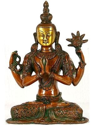 10" Tibetan Buddhist Deity- Chenrezig (Shadakshari Lokeshvara) In Brass | Handmade | Made In India