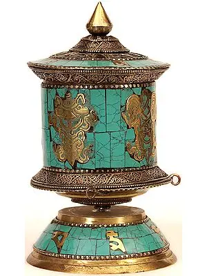 Ashtamangala Prayer Wheel with the Syllable Om Mani Padme Hum and Filigree