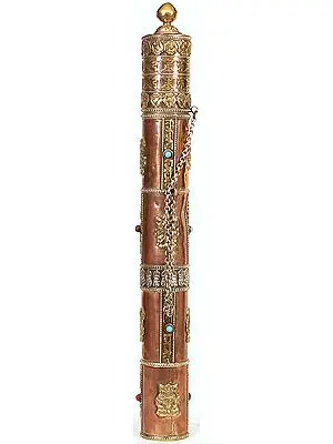 Ashtamangala Incense Holder with the Syllable Om Mani Padme Hum and Gemstone