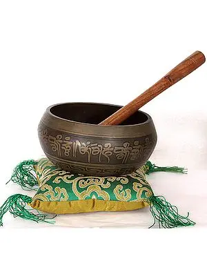 Om Mani Padme Hum Singing Bowl on Brocaded Satin Cushion with Embossed Vishva Vajra  Inside
