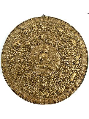 Bhumisparsha Buddha Wall Hanging Plate with Ashtamangala Symbols and Animals of Tibetan Astrological Calendar