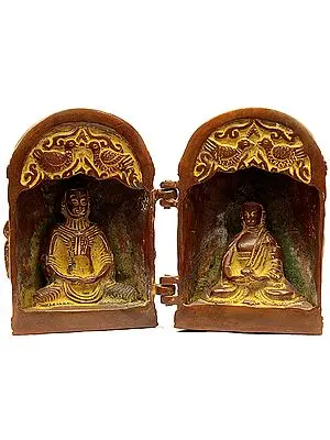 4" Tibetan Buddhist Folding Temple of Buddha (Back Side Engraved with Scenes from Life of Shakyamuni) In Brass | Handmade | Made In India
