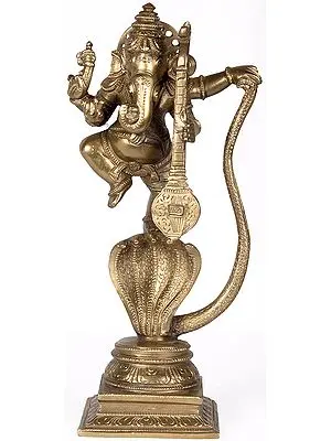 Lord Ganesha Dancing on Five-Hooded Serpent with Veena