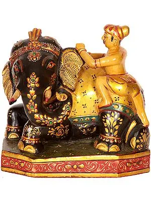 Man Washing Elephant Kadamba Wood Sculpture from Jaipur