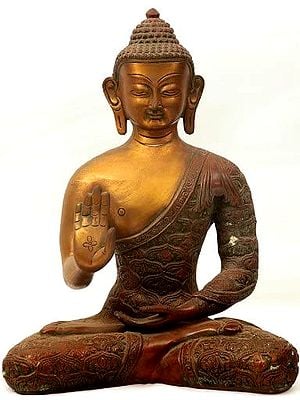 11" Seated Buddha in Abhaya Mudra (Robes Decorated with Auspicious Symbols) In Brass | Handmade | Made In India