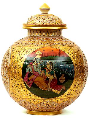 Wealth Pot with Figures of Radha Krishna at Front and Ganesha on Reverse