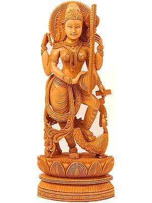 Goddess Saraswati Playing Veena - Kadamba Wood Sculpture from Jaipur