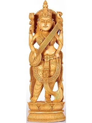 Goddess Saraswati Kadamba Wood Sculpture from Jaipur