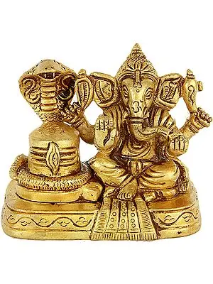 3" Lord Ganesha with Shiva Linga Small Sculpture in Brass | Handmade | Made in India