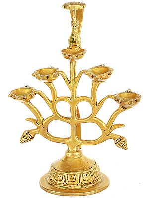 8" Five Wick Hand-Held Puja Lamp In Brass | Handmade | Made In India