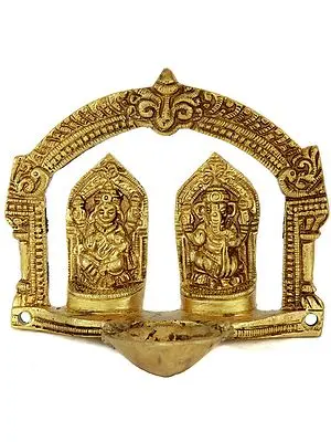 4" Lakshmi Ganesha Puja Lamp with Arch (Small Sculpture) In Brass | Handmade | Made In India