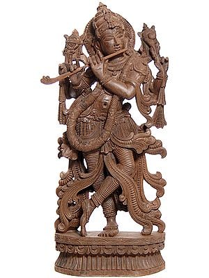 Krishna Playing on Flute | South Indian Temple Wood Carving