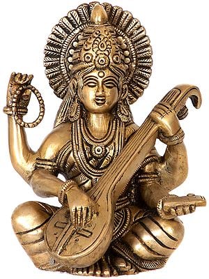 6" Saraswati - The Goddess of Knowledge and Arts In Brass | Handmade | Made In India