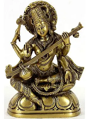 7" Saraswati - Goddess of Knowledge and Arts In Brass | Handmade | Made In India