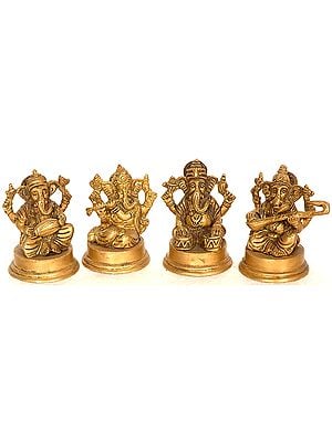 3" Set of Four Small Musical Ganesha Sculptures In Brass | Handmade | Made In India