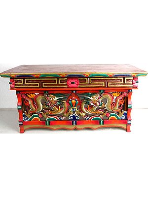 Twin Dragon Altar Table with Central Flaming Jewels