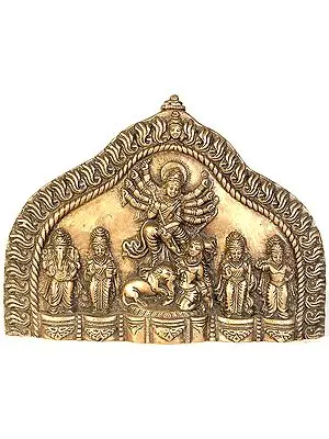 7" Wall Hanging Plate of Goddess Durga with Ganesha, Lakshmi, Saraswati and Karttikeya In Brass | Handmade | Made In India
