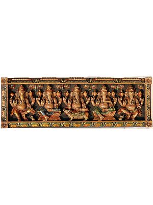 Wooden Panel Depicting Ganesha in Dancing , Sitting on Lotuses, on Rat and Standing Postures