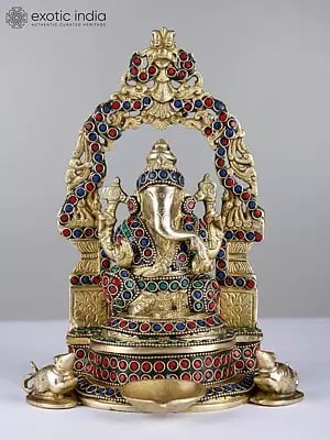 9" Brass Lord Ganesha with Inlay Work