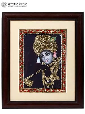 Bhagawan Krishna Playing Flute | Tanjore Painting with Frame
