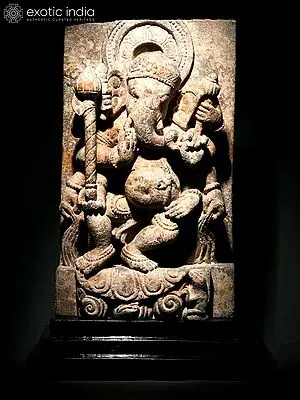 17" Lord Ganesha on Wooden Base | Sand Stone Statue