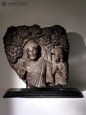 36" Lord Buddha with Attendant on Wooden Base | Black Stone Statue