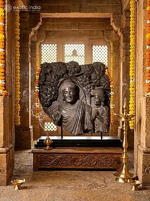 36" Lord Buddha with Attendant on Wooden Base | Black Stone Statue